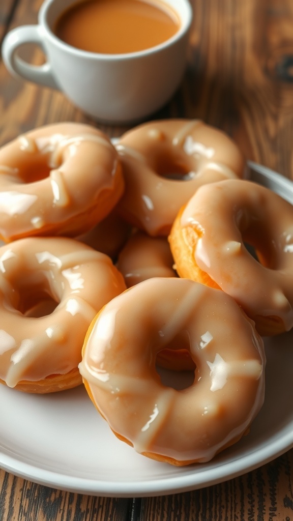 A plate of classic glazed donuts with a shiny coating, served on a wooden table with coffee.